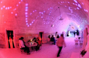 Tourists have dinner inside the Balea Lac Hotel of Ice in the Fagaras mountains